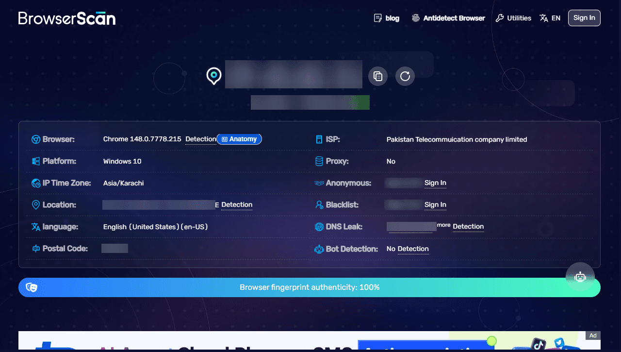 Browserscan.net test result
